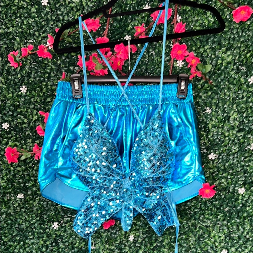 Blue Butterfly Sequin Top and Shorts Set